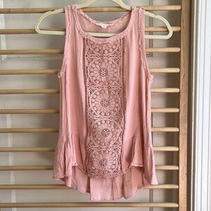Beach Boho Crinkle Tank Cami Tunic Pink with Lace Panel and Flowy Ruffle